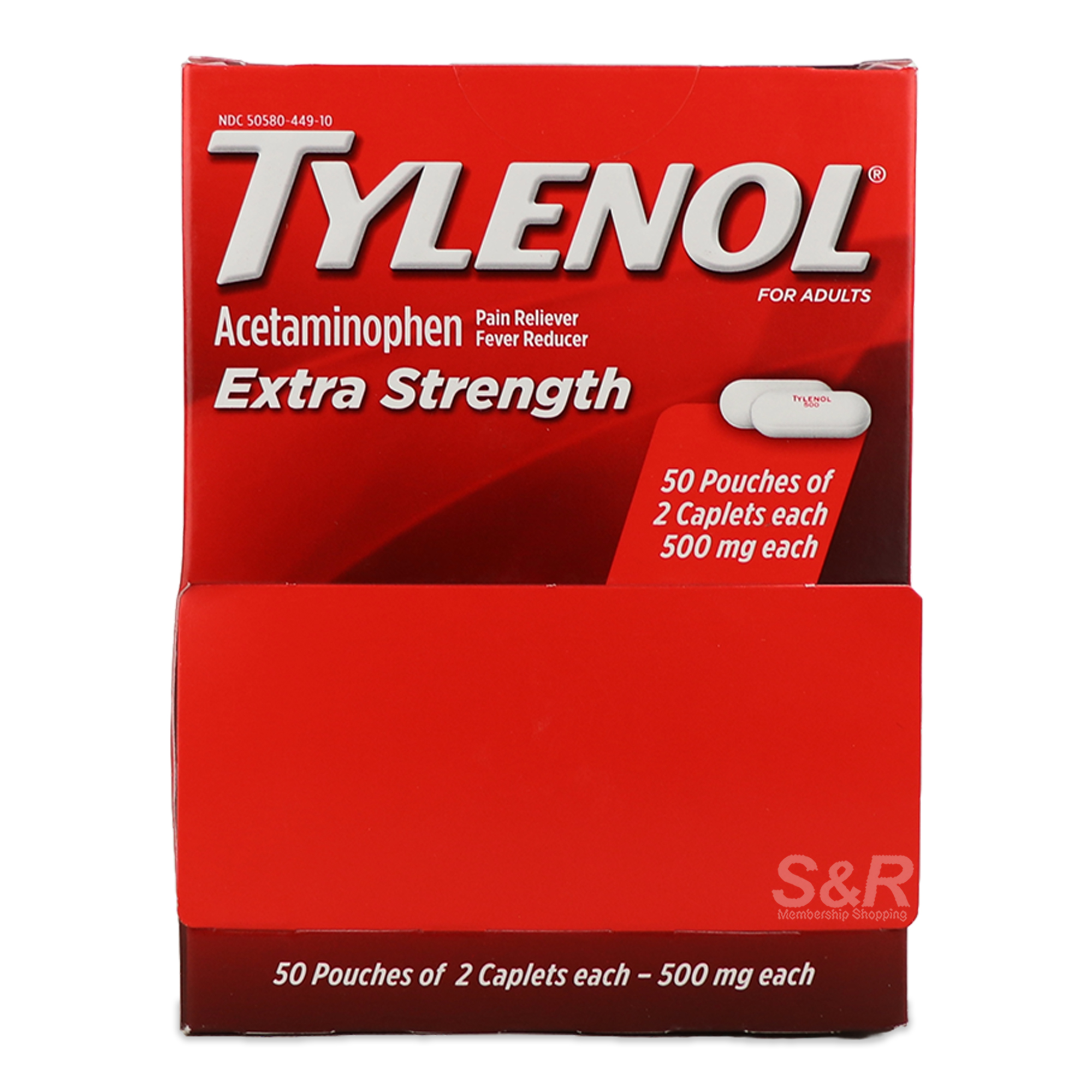 Tylenol Acetaminophen For Adults 50 Pouches x 2 Caplets